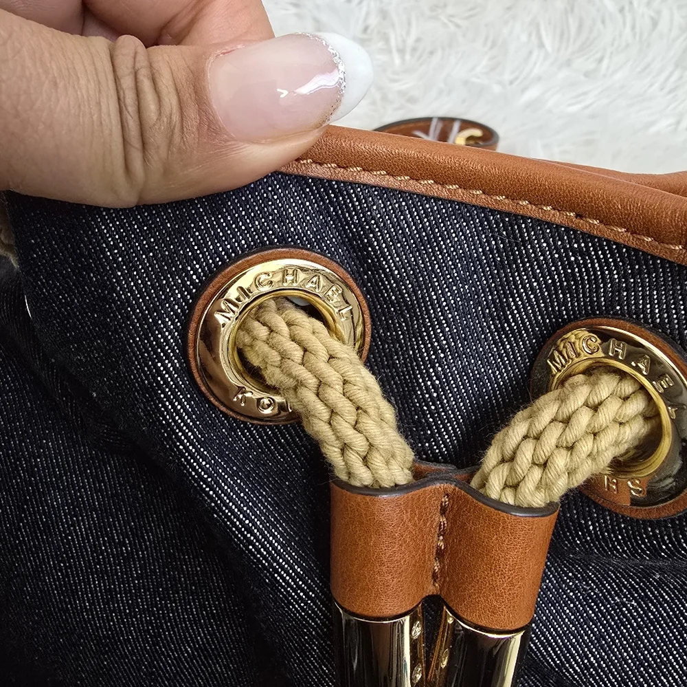 Michael Kors Blue Denim Designer Hobi Handbag With Brown Leather Tassels